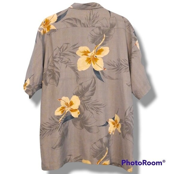Paradise Cove Hawaiian Shirt-Medium-100% Silk-Wood Buttons-Camp-HIbiscus-Gray - Picture 2 of 6